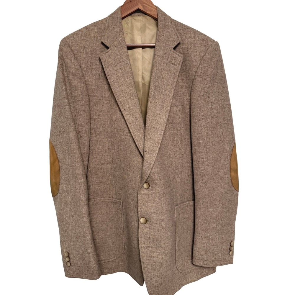 Imperial by Haggar Sport Coat 42L Tan 100% Wool Tweed Elbow Patches Vintage USA